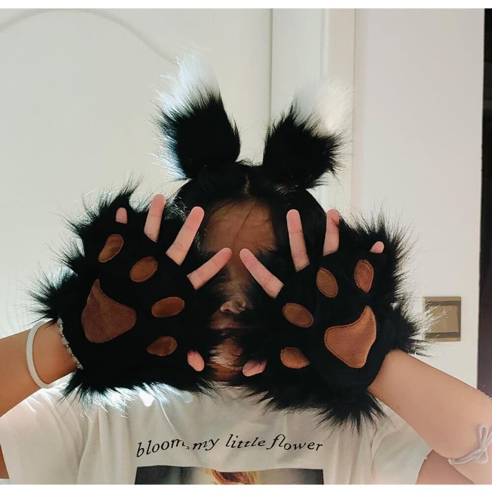Faux Fur Cat Fox Wolf Ear Headband Tail Gloves Set Cosplay Halloween Party - Picture 2 of 7